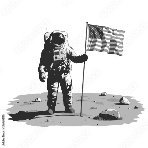 Striking black and white illustration of a celestial body possibly a planet or moon rendered in a bold silhouette style