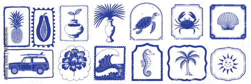 Nautical Blue and White Tile Collection Featuring Tropical Beach and Sea Life Elements Framed Stamps