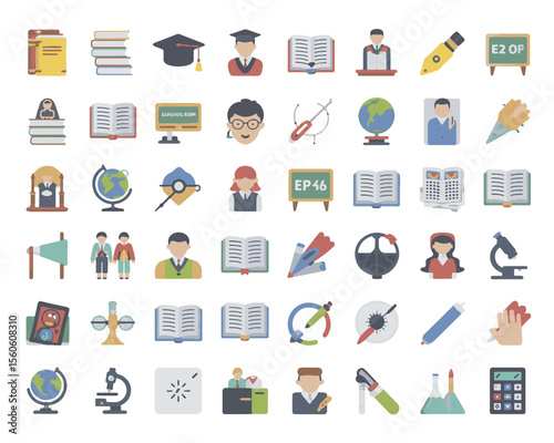 A diverse collection of 50 flat vector icons representing various concepts and activities presented in a clean silhouette style