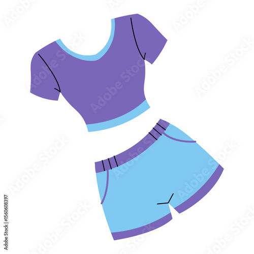 Colorful casual outfit design featuring a purple top and blue shorts for summer wear