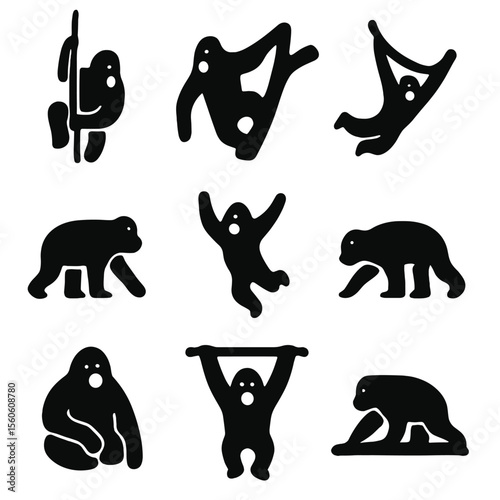 Orangutan Icon Grid. Solid, filled icon set of orangutan movement: climbing rope, tree branch, swinging, walking on ground,