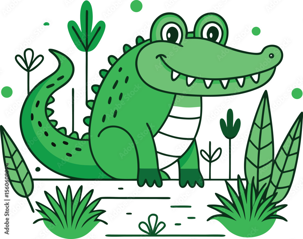 Fototapeta premium Cute Cartoon Crocodile Vector Illustration – Friendly Green Alligator Character for Kids