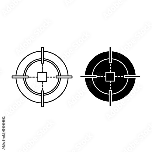 Two target icons one in outline and one in solid black with a square in the center and crosshairs 100