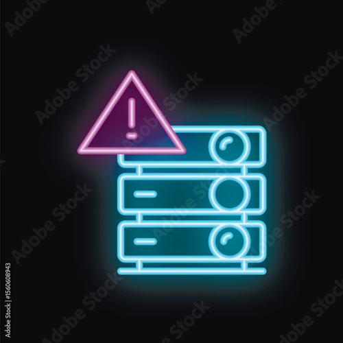 Neon server icon showing warning sign for system failure, data loss or cyber attack