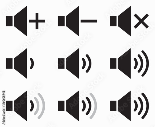 Black volume speaker icons showing mute, low, medium, high, increase, and decrease sound levels. Ideal for apps, UI design, media players, buttons, web interfaces, and audio control symbols.