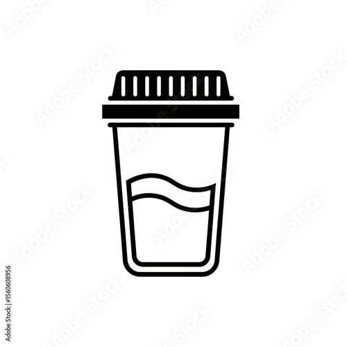 A black and white line drawing of a specimen collection cup with a lid and liquid inside of the cup