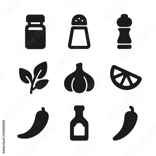 Outdoor Cooking Icons. Solid, filled icon set of outdoor cooking ingredients: spices jar, salt shaker, pepper mill, oil bottle,