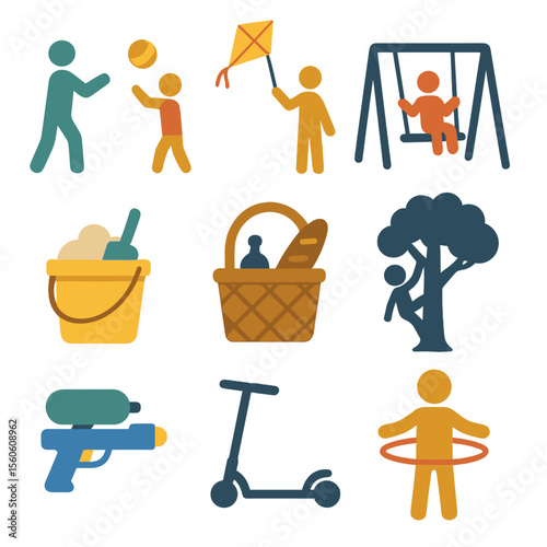 Outdoor Family Activities. Flat icon set of outdoor family play: ball toss, kite flying, swing set, sandbox bucket, picnic basket,