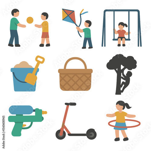 Outdoor Family Activities. Flat icon set of outdoor family play: ball toss, kite flying, swing set, sandbox bucket, picnic basket,
