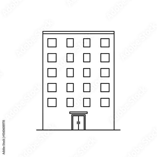 Illustration of a multistory building with multiple windows and a door in a simple line drawing