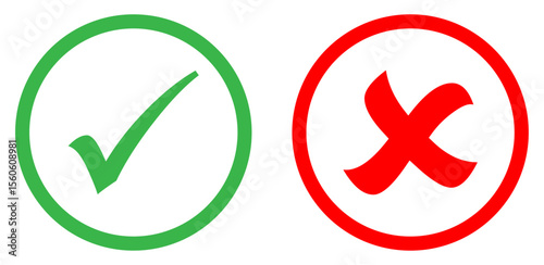 Green check and Red cross round icons. Approval and rejection symbols vector set. Green circular check mark for approval and a red circular cross for error. Vector illustration.