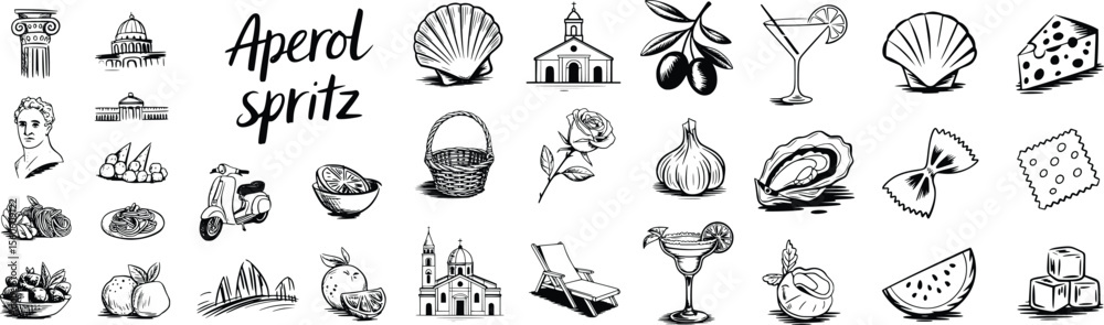 Naklejka premium Whimsical Italian Summer Collage A Black and White Sketch Collection Depicting Aperol Spritz, Pasta, Landmarks and Relaxation Elements
