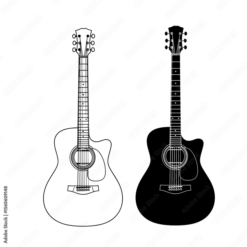 Obraz premium Two acoustic guitars one in outline and one in solid black on a white background illustration