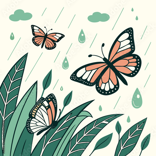 Illustration of butterflies and leaves in a rain shower with clouds and raindrops falling down softly
