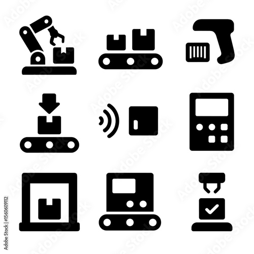 Packaging Automation Icons. Solid, filled icon set of packaging automation: robotic arm, conveyor belt, barcode scanner, automated