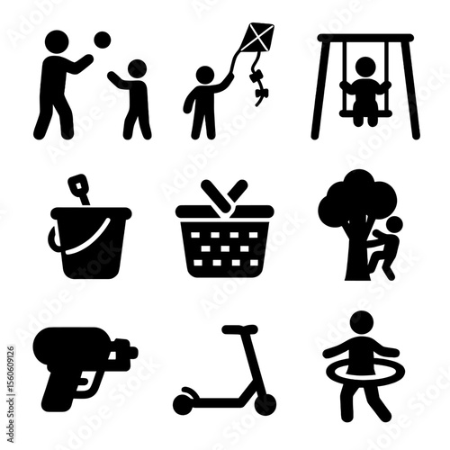 Outdoor Play Icons. Solid, Filled icon set of outdoor family play: ball toss, kite flying, swing set, sandbox bucket, picnic