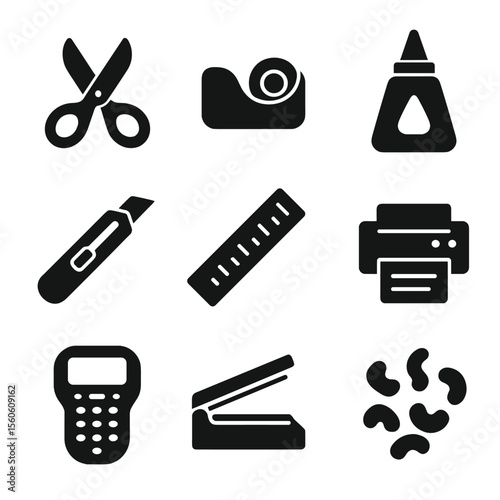 Packaging Tools Icons. Solid, filled icon set of packaging tools: scissors, tape dispenser, glue bottle, box cutter, ruler,