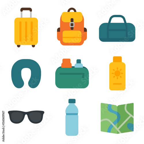 Packing Essentials Grid. Flat icon set of packing essentials: suitcase, backpack, duffel bag, travel pillow, toiletry kit,