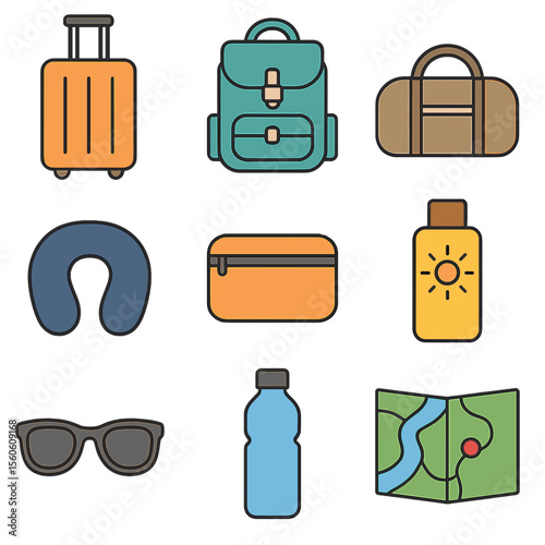 Packing Essentials Grid. Flat icon set of packing essentials: suitcase, backpack, duffel bag, travel pillow, toiletry kit,