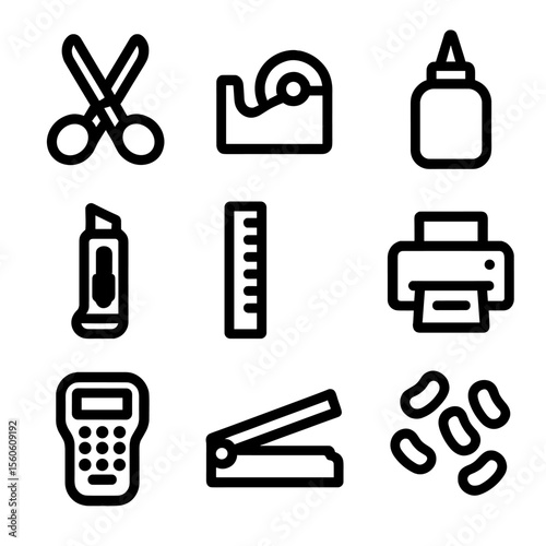 Packaging Tools Icons. Solid, filled icon set of packaging tools: scissors, tape dispenser, glue bottle, box cutter, ruler,
