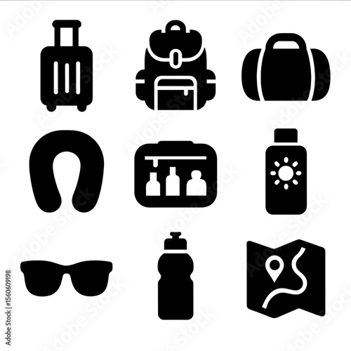 Packing Essentials Icons. Solid, Filled icon set of packing essentials: suitcase, backpack, duffel bag, travel pillow, toiletry