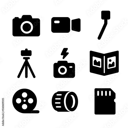 Parade Photography Icons. Solid, filled icon set of parade photography: camera, video camera, selfie stick, tripod, flash, photo