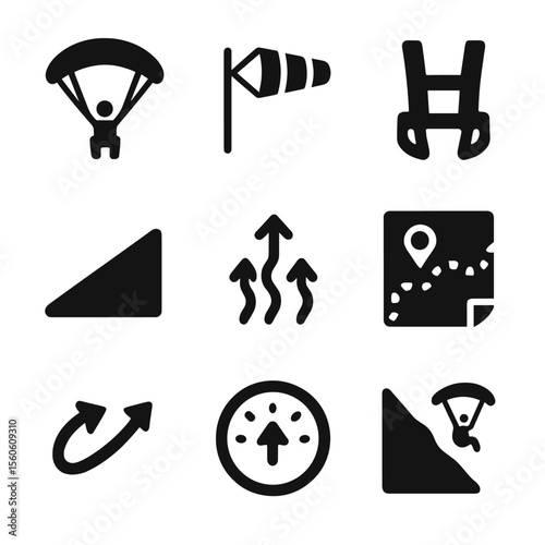 Paragliding Icon Set. Solid, filled icon set of paragliding and sky sports: paraglider, wind sock, harness, launch hill, updraft