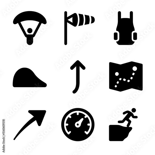 Paragliding Icon Set. Solid, filled icon set of paragliding and sky sports: paraglider, wind sock, harness, launch hill, updraft