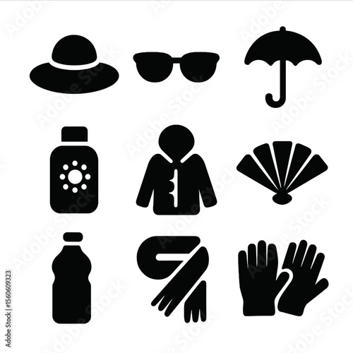Parade Weather Essentials. Solid, filled icon set of parade weather essentials: sun hat, sunglasses, umbrella, sunscreen bottle,
