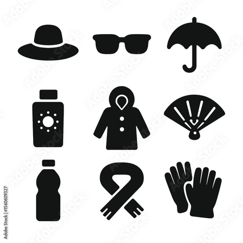 Parade Weather Essentials. Solid, filled icon set of parade weather essentials: sun hat, sunglasses, umbrella, sunscreen bottle,