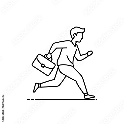 Line drawing of a man running with a briefcase against a white background in a minimalist style