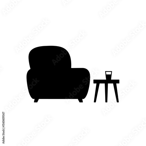Illustration of a pink armchair with a small table and a drink on a white background simple design