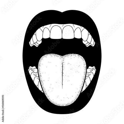Open mouth illustration with teeth and tongue in black and white detailed close up graphic design
