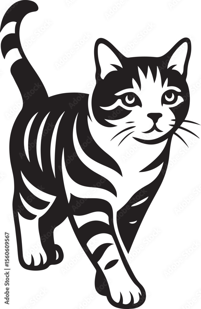 Obraz premium Walking cat in black and white style, Stylish cat line art for designers