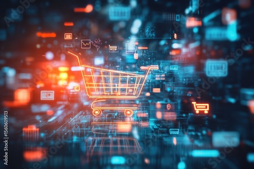 Digital shopping cart surrounded by data streams.  Abstract, futuristic graphic of a shopping cart icon overlaid with digital information, vibrant colors