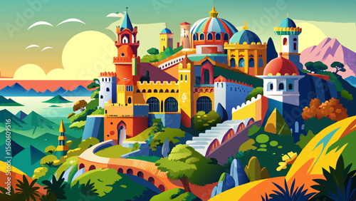 Pena Palace in Sintra, Portugal is a colorful dreamland of red, yellow, and blue towers perched atop green hills—blending Romantic, Moorish, and Gothic styles in one vivid composition.