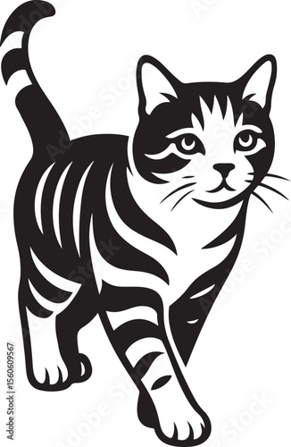 Walking cat in black and white style, Stylish cat line art for designers