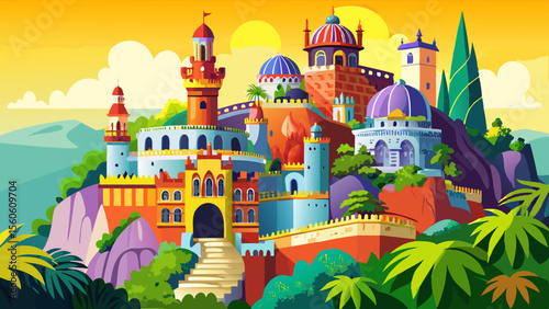 Pena Palace in Sintra, Portugal is a colorful dreamland of red, yellow, and blue towers perched atop green hills—blending Romantic, Moorish, and Gothic styles in one vivid composition.