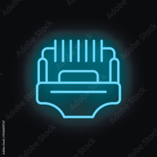 Glowing blue neon icon of a shredder machine destroying a document