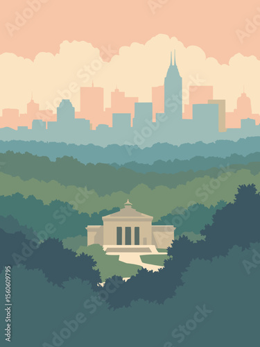 Raleigh with North Carolina Museum of Art, city skyline, and forest background in moss green, taupe, indigo, and blush