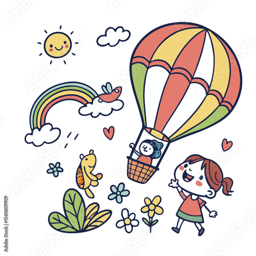 Colorful cartoon hot air balloons flying freely in the sky, a fun adventure illustration