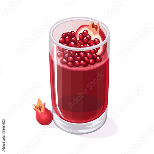 Pomegranate Juice, vector graphic, 2D flat isometric cartoon illustration on white background.
