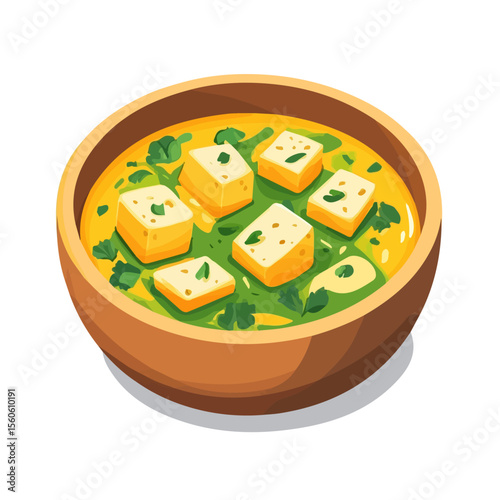 Saag Paneer, cartoon vector illustration, flat 2D isometric style, white background.