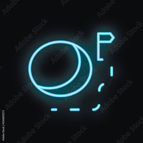 Glowing blue neon icon of a lunar rover leaving tracks on the surface of the moon towards a planted flag