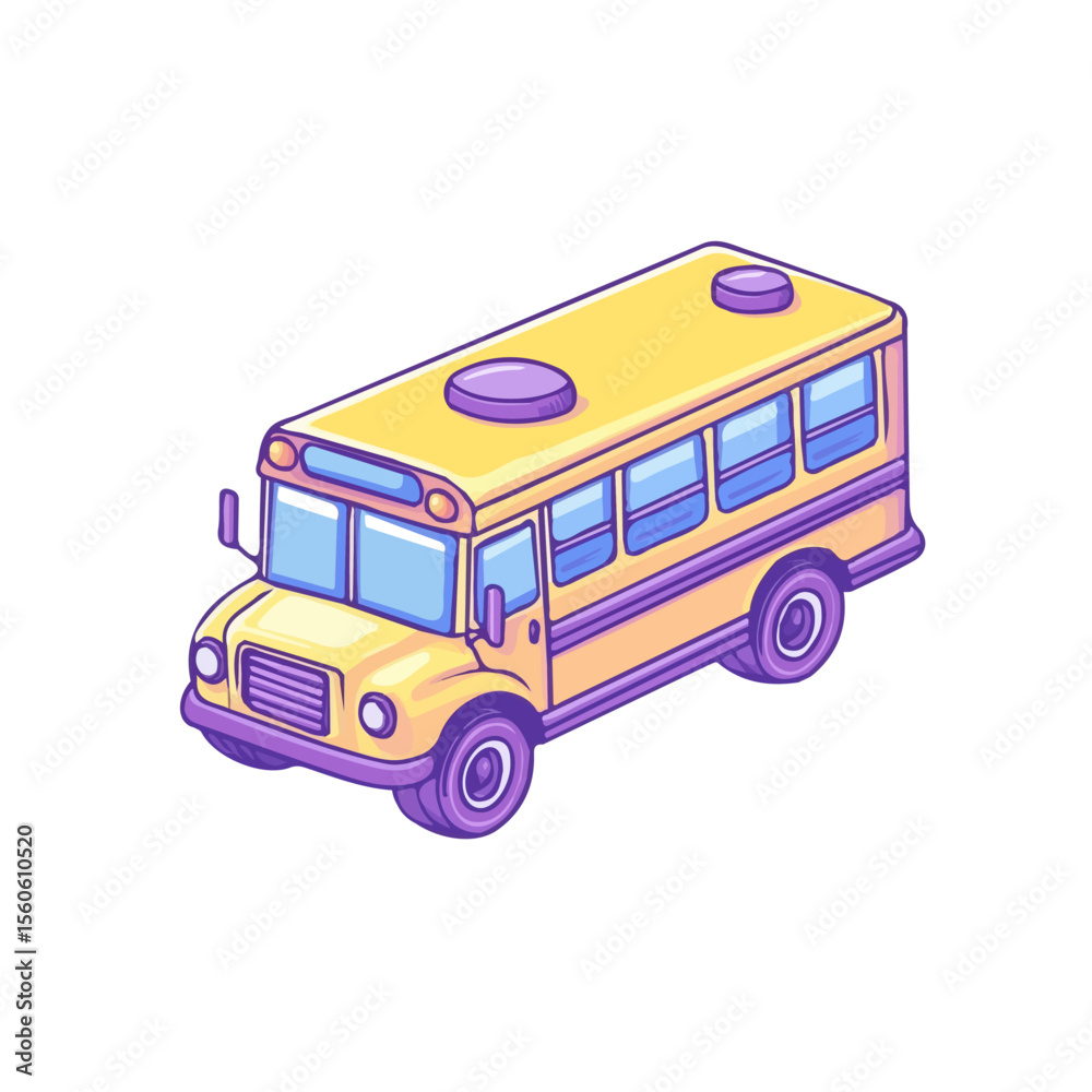 School Bus, cartoon vector illustration, flat 2D isometric style, white background. School Bus, cartoon vector illustration, flat 2D isometric style, white background.