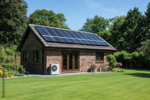Brick home with solar panels and heat pump