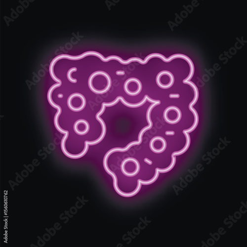 Neon icon of human intestines glowing purple on a black background, perfect for representing topics of digestion, gastroenterology, and internal organs