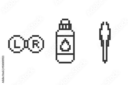 Pixel art contact lenses solution bottle and lens applicator on gray background vector icon isolated illustration