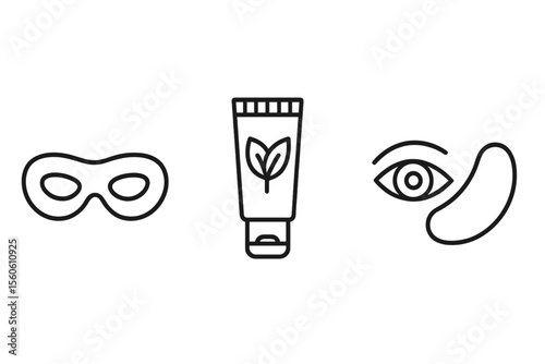 Skincare icons: eye mask, cream tube, eye patch symbols on gray background vector icon isolated illustration