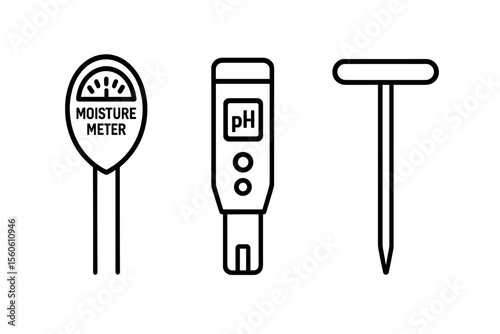 Soil measurement tools illustration: moisture meter, ph tester, soil sampler vector icon isolated illustration